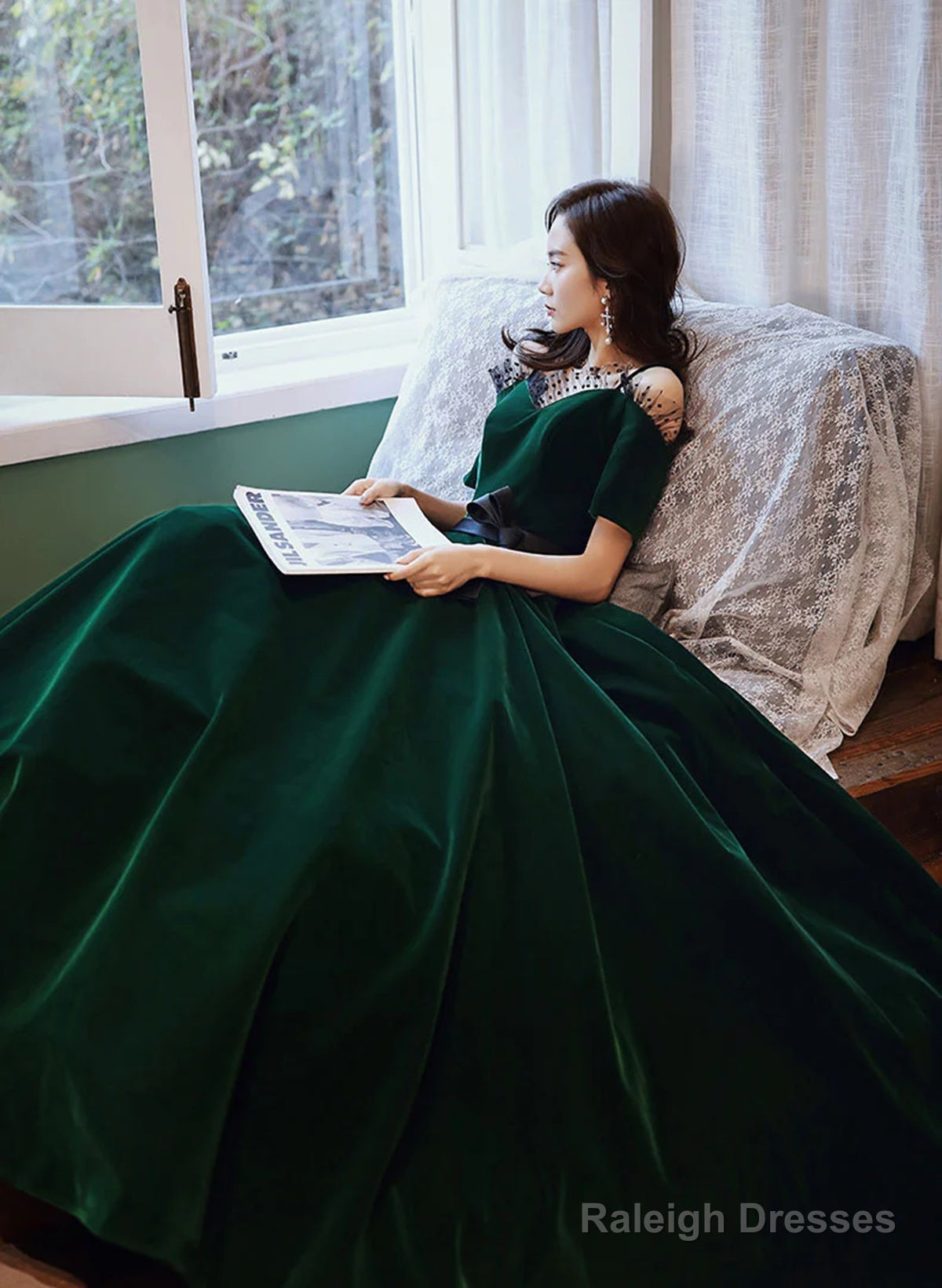 Green Off Shoulder Velvet Long Party Dress, Sweetheart Velvet Prom Dress Evening Dress Secondary image