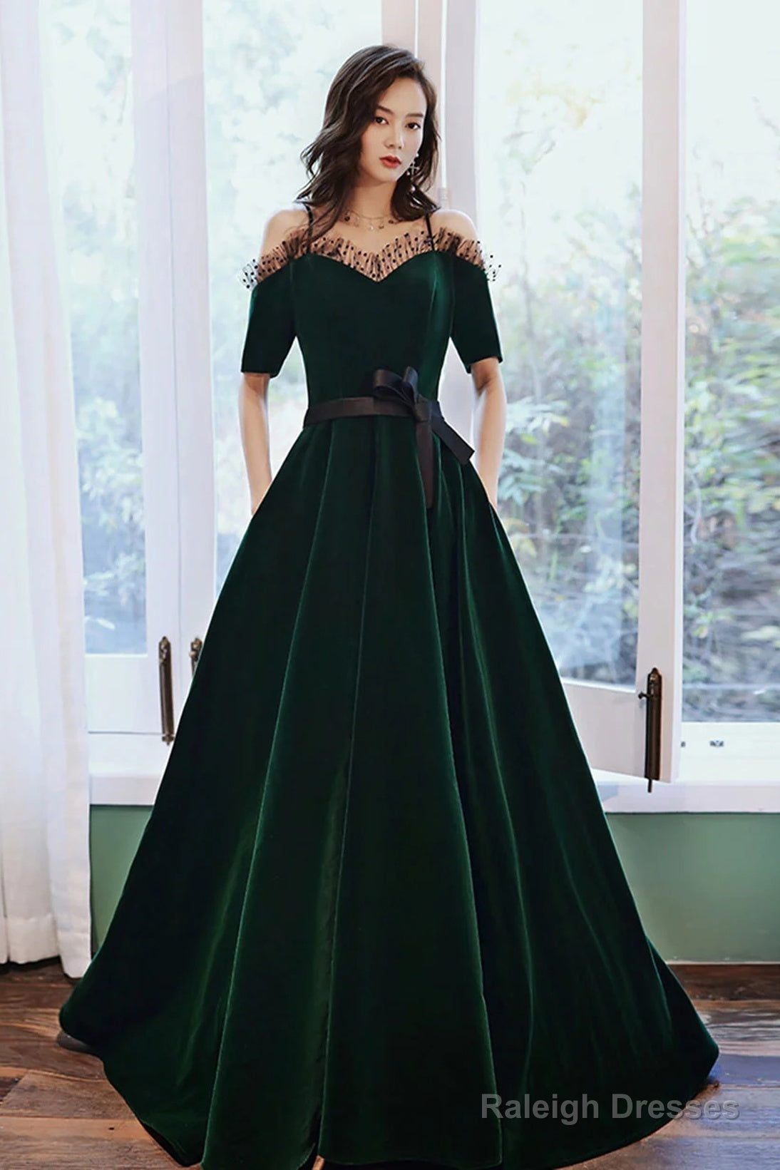 Green Off Shoulder Velvet Long Party Dress, Sweetheart Velvet Prom Dress Evening Dress Main image