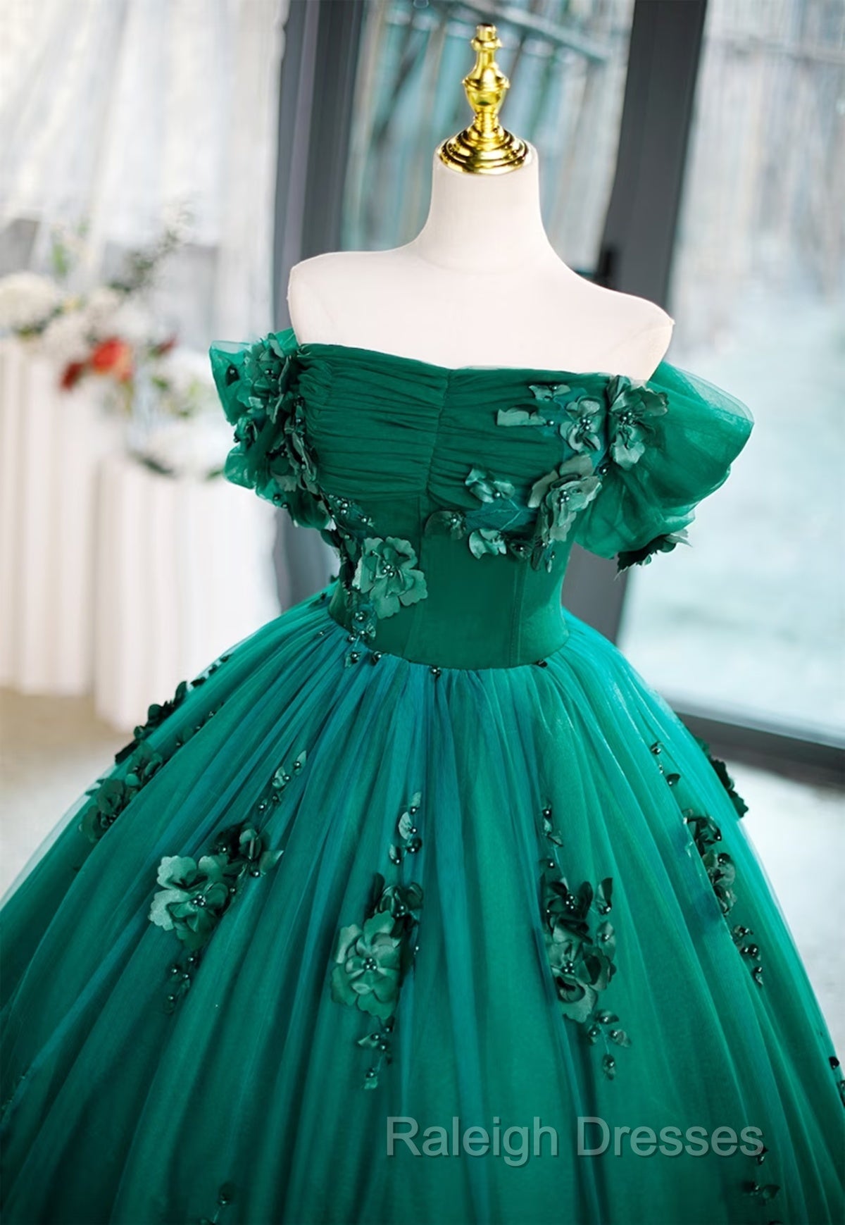 Green Off Shouldr Ball Gown Flowers Tulle Formal Dress, Green Floor Length Party Dress
