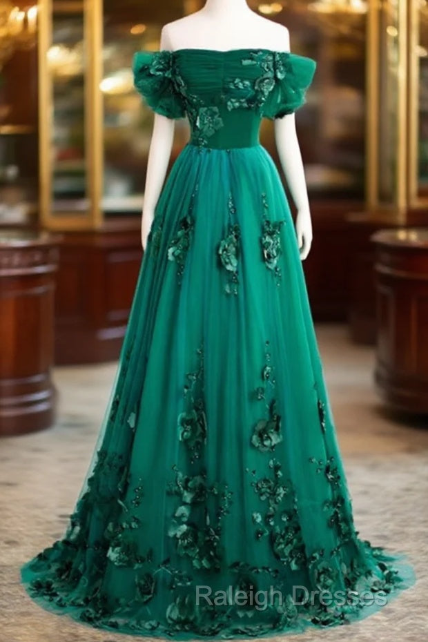 Green Off Shouldr Ball Gown Flowers Tulle Formal Dress, Green Floor Length Party Dress Main image