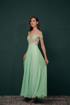 Off The Shoulder Charming Long Chiffon Prom Dresses With Appliques