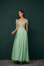 Off The Shoulder Charming Long Chiffon Prom Dresses With Appliques