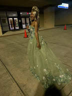 Green Strapless Prom Dresses Long With Appliques
