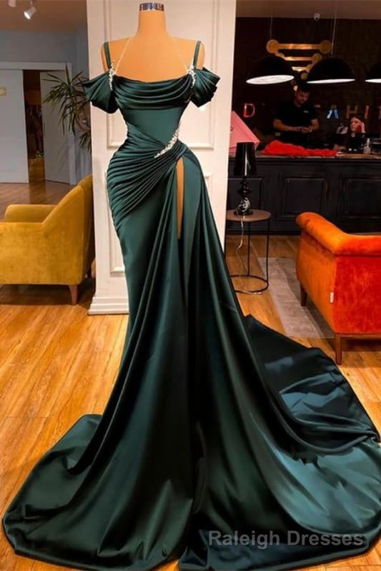 Off-the-Shoulder Prom Dress with Long Slit and Pleated Detail Main image
