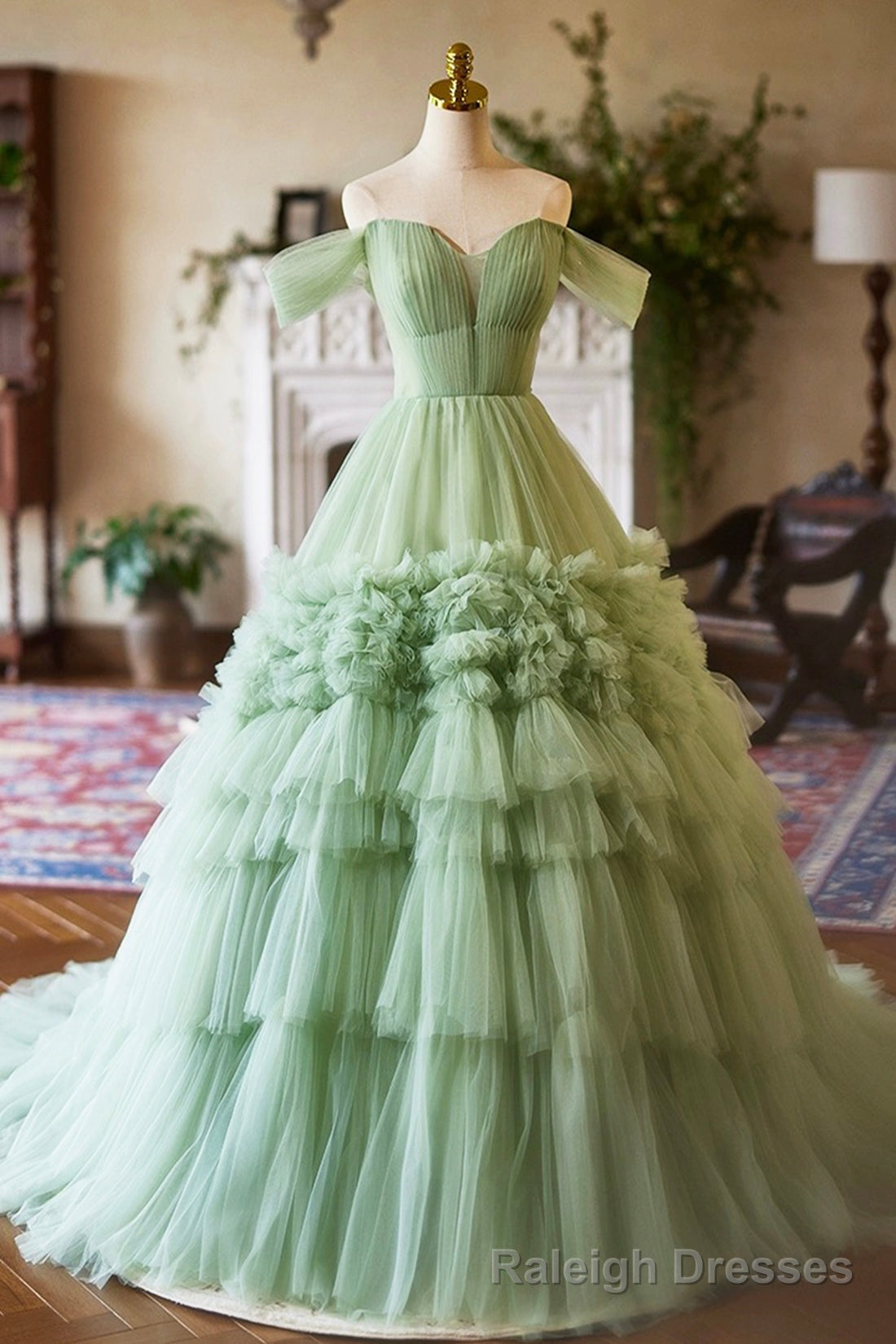 Green Off the Shoulder Tulle Layers Long Formal Dress, Green Evening Party Dress Main image