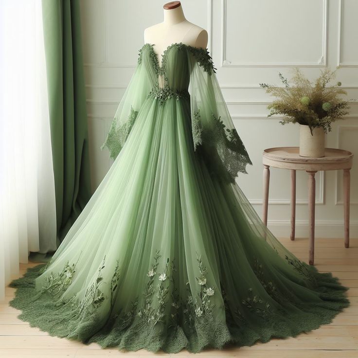 Green Off The Shoulder Wedding Dresses Lace Applique V-Neck Tulle Bridal Gowns Main image