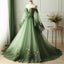 Green Off The Shoulder Wedding Dresses Lace Applique V-Neck Tulle Bridal Gowns