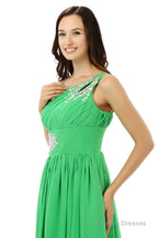 Green One Shoulder Chiffon With Crystal Pleats Bridesmaid Dresses