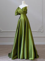 Green One-Shoulder Short Sleeves Backless Sweep Train Prom Dresses Green Prom Dresses