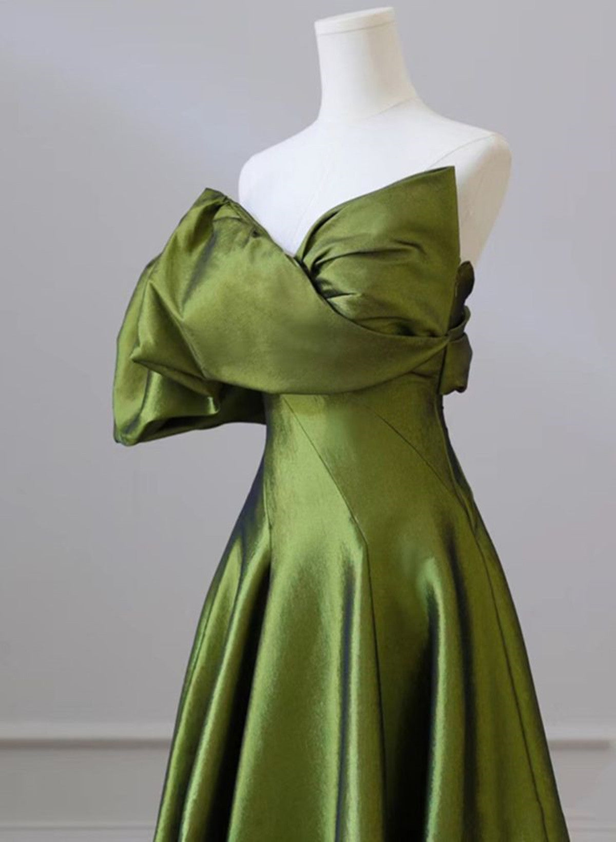 Green One-Shoulder Short Sleeves Backless Sweep Train Prom Dresses Green Prom Dresses