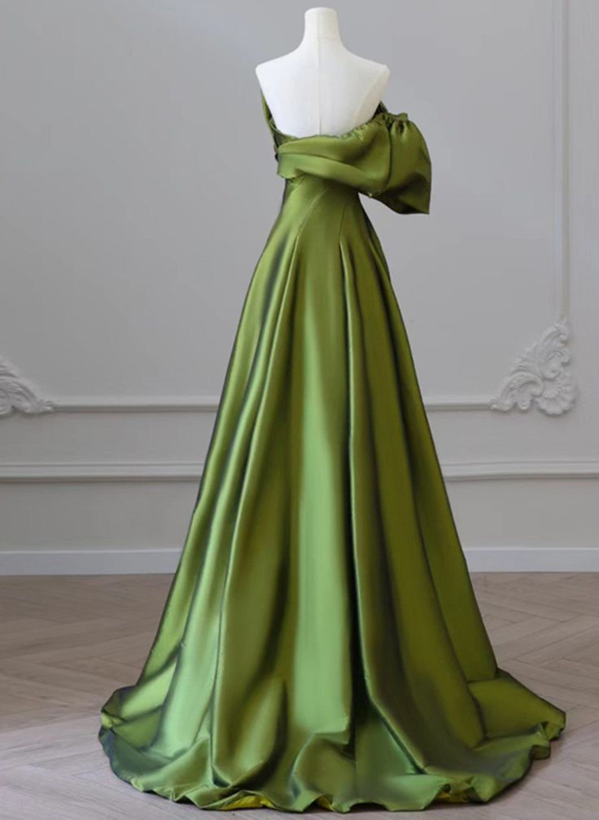 Green One-Shoulder Short Sleeves Backless Sweep Train Prom Dresses Green Prom Dresses