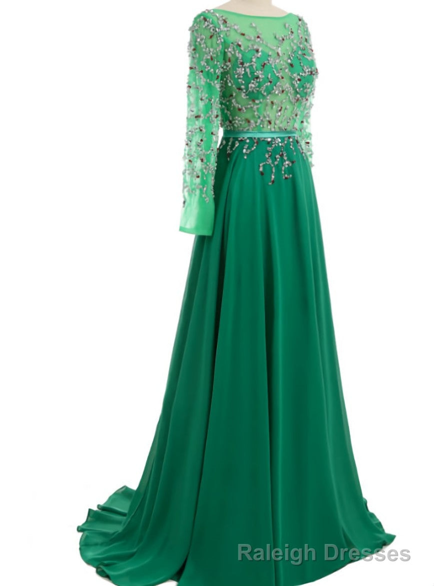 Green Open Back Long Sleeve Crystal Evening Gown Eevening Gown Main image
