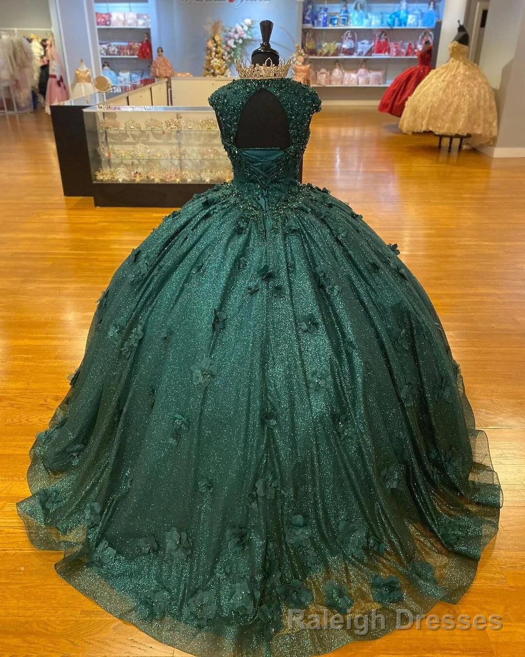 Green Princess Ball Gowns Quinceanera Dresses Sweet 15 Prom 3D Flowers Lace Applique Crystal Beads Sequin Birthday Gowns Secondary image