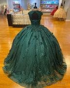 Green Princess Ball Gowns Quinceanera Dresses Sweet 15 Prom 3D Flowers Lace Applique Crystal Beads Sequin Birthday Gowns