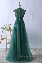 Green Prom Dress Scoop Tulle & Lace With Sash A-Line Sweep Train Floor Length Elegant