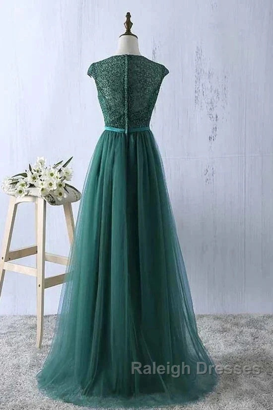 Green Prom Dress Scoop Tulle & Lace With Sash A-Line Sweep Train Floor Length Elegant