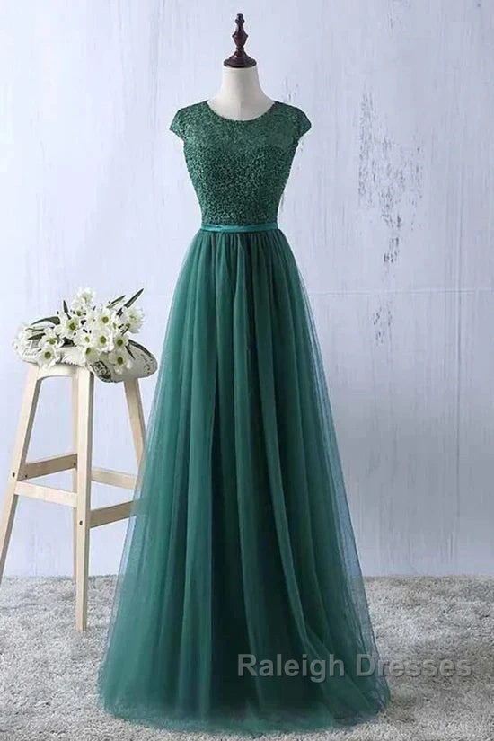 Green Prom Dresses Scoop Tulle & Lace With Sash A Line Sweep Train Floor Length Elegant