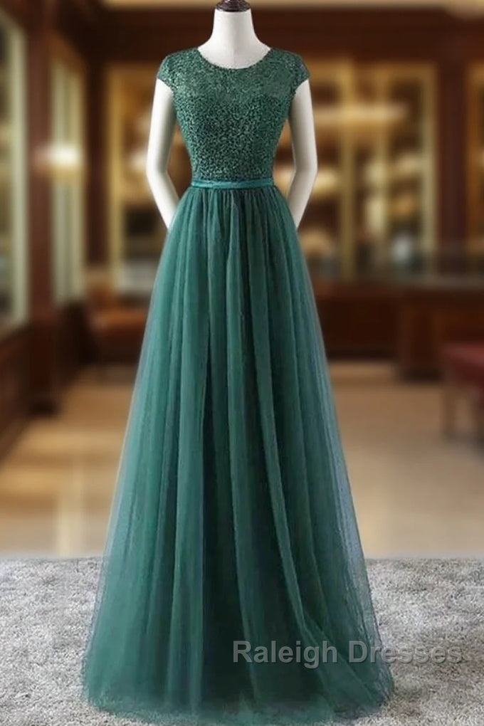 Green Prom Dresses Scoop Tulle & Lace With Sash A Line Sweep Train Floor Length Elegant Main image