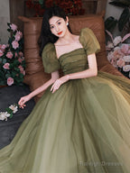 Green Puffy Short Sleeves Tulle Prom Dresses Green Prom Dress