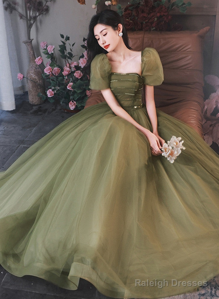 Green Puffy Short Sleeves Tulle Prom Party Dress, Green Evening Dresses Main image