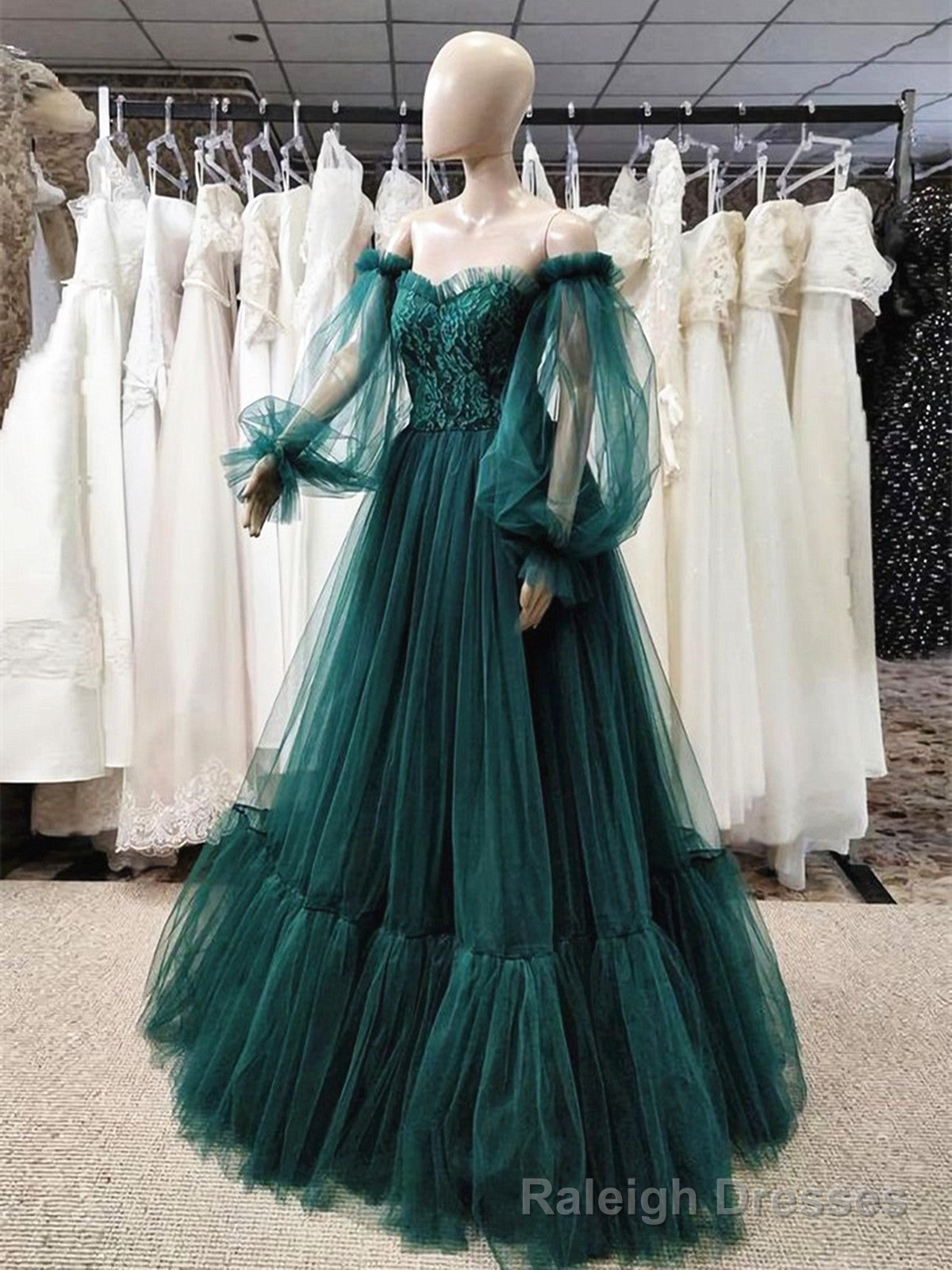 Green Puffy Sleeves Lace Top Long Party Dress, Green Tulle Prom Dress Secondary image