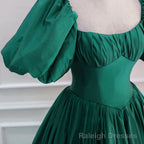 Green Puffy Sleeves Taffeta Long Formal Dress, Scoop Green Prom Dress
