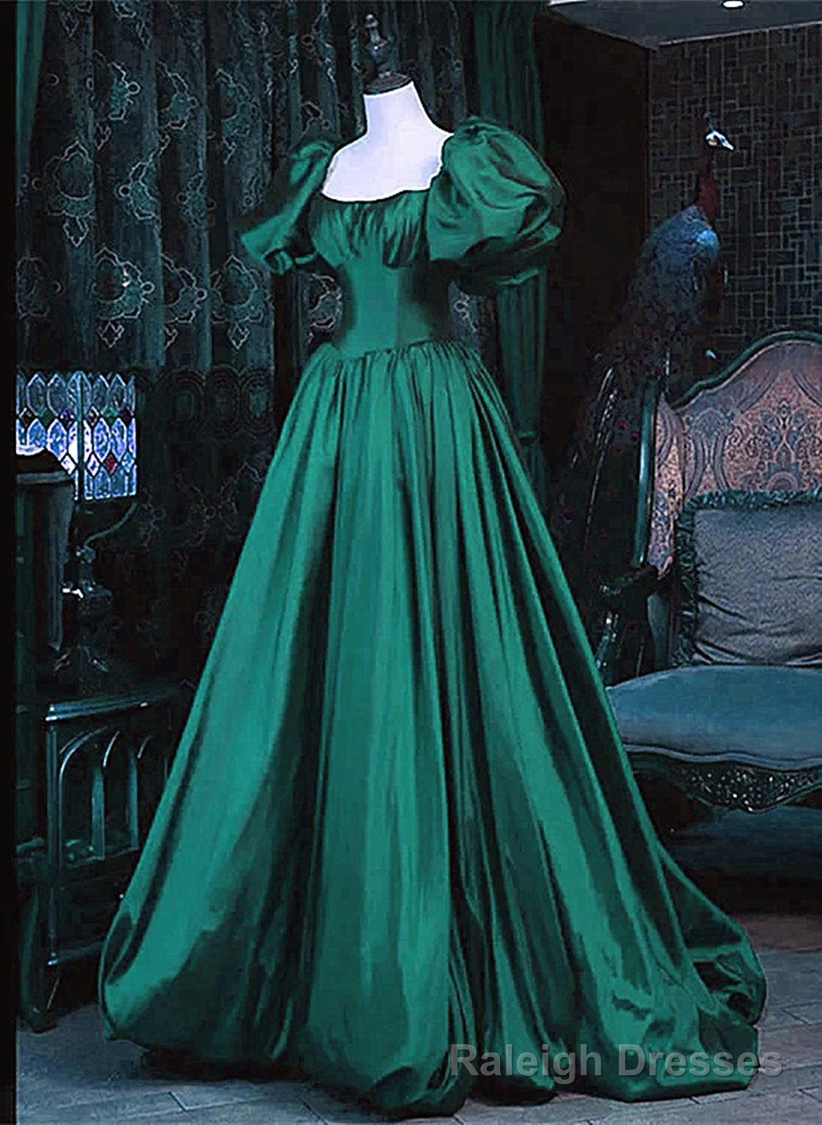 Green Puffy Sleeves Taffeta Long Formal Dress, Scoop Green Prom Dress Main image