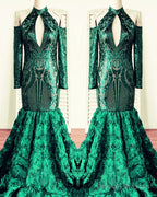 Green Rosette Sequin Mermaid Prom Dresses Cold Shoulder