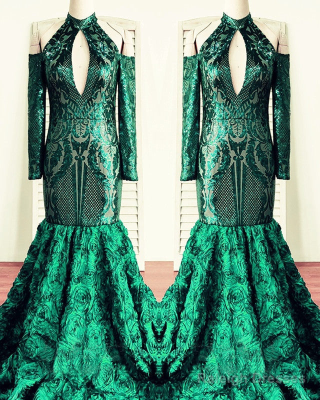 Green Rosette Sequin Mermaid Prom Dresses Cold Shoulder