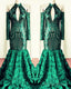 Green Rosette Sequin Mermaid Prom Dresses Cold Shoulder