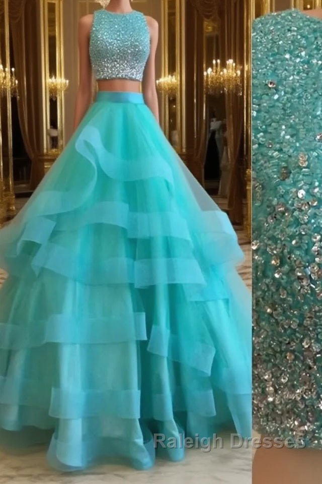 Green Round Neck 2 Pieces Beaded Sequins Tulle Long Prom Dress, Green 2 Pieces Formal Dress, Green Evening Dress