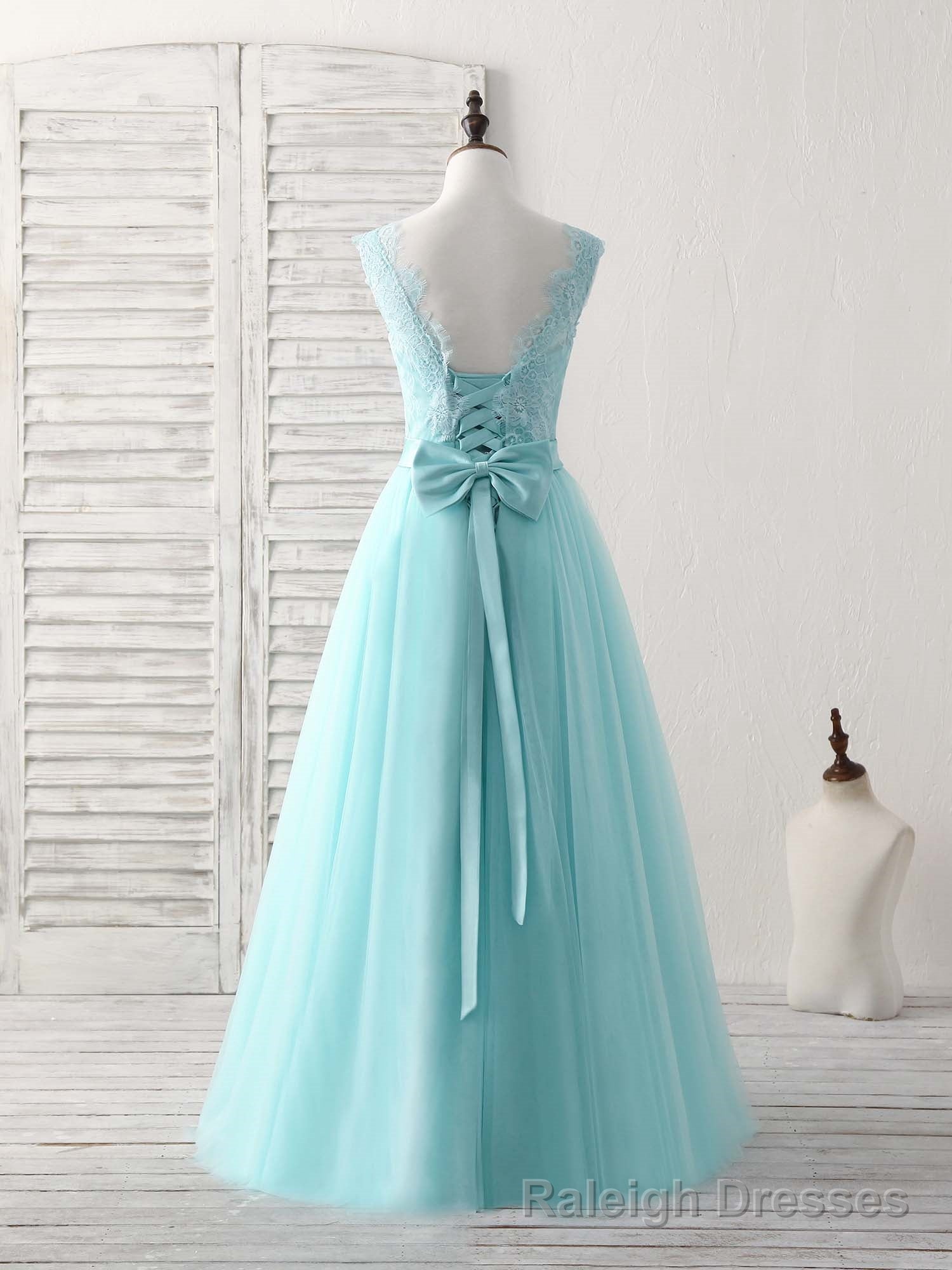 Green Round Neck Lace Tulle Long Prom Dress, Prom Dress