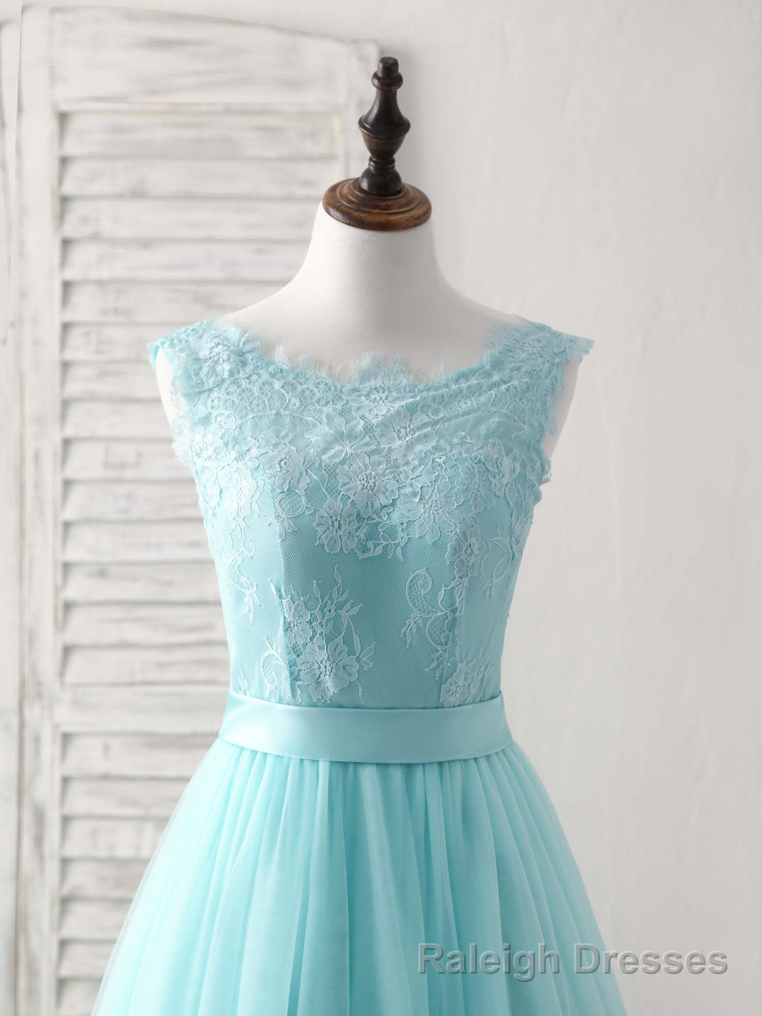 Green Round Neck Lace Tulle Long Prom Dress, Evening Dress