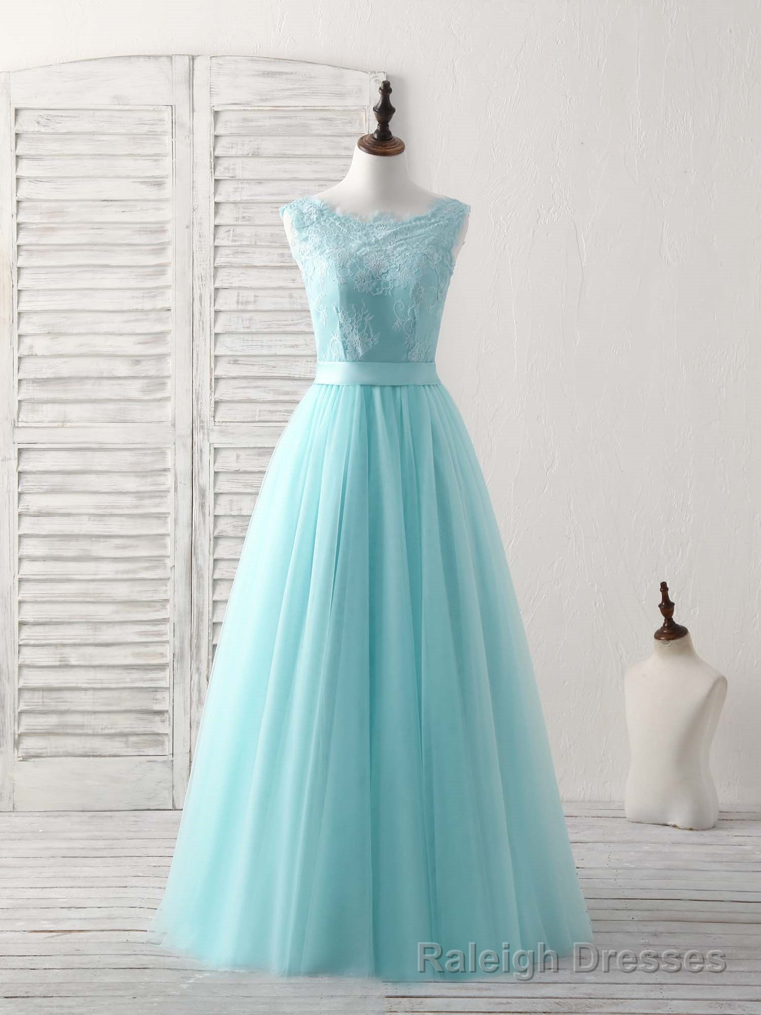 Green Round Neck Lace Tulle Long Prom Dress, Prom Dress