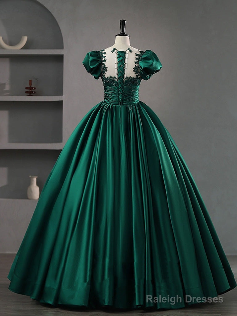 Green Round Neck Satin Lace Long Prom Dresses Green Lace Prom Dresses