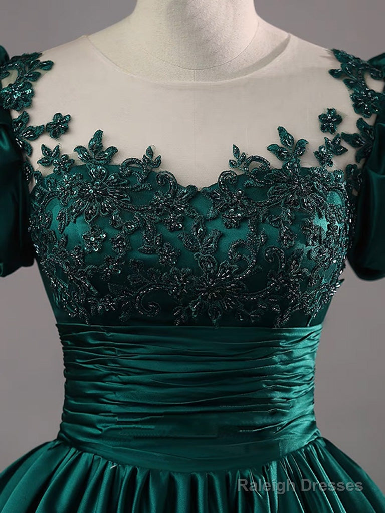 Green Round Neck Satin Lace Long Prom Dress, Green Lace Formal Dress