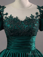 Green Round Neck Satin Lace Long Prom Dresses Green Lace Prom Dresses