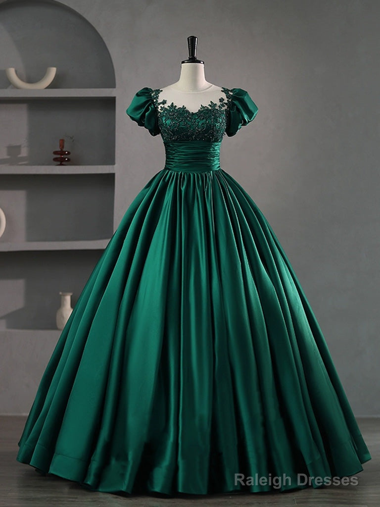 Green Round Neck Satin Lace Long Prom Dresses Green Lace Prom Dresses Main image