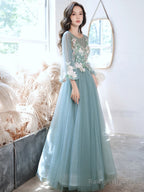 Green Round Neck Tulle Lace Long Prom Dress, Green Evening Dress