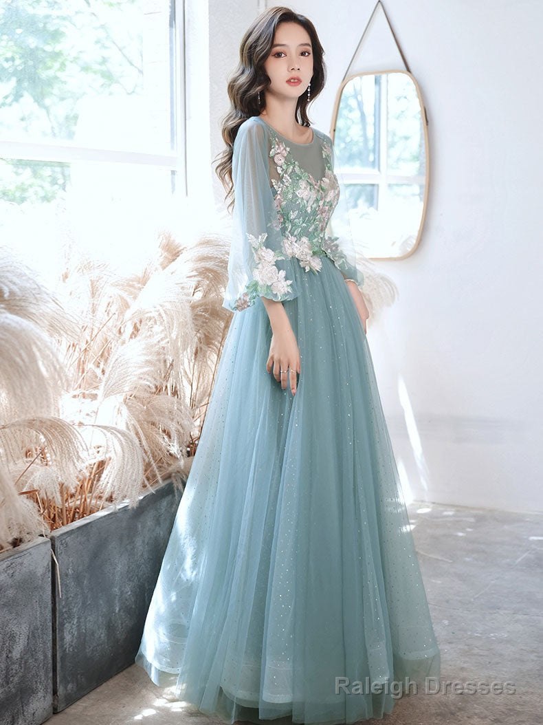 Green Round Neck Tulle Lace Long Prom Dress, Green Evening Dress