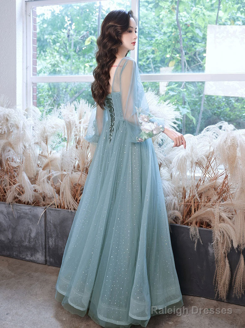 Green Round Neck Tulle Lace Long Prom Dresses Green Prom Dresses