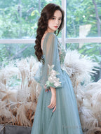 Green Round Neck Tulle Lace Long Prom Dresses Green Prom Dresses