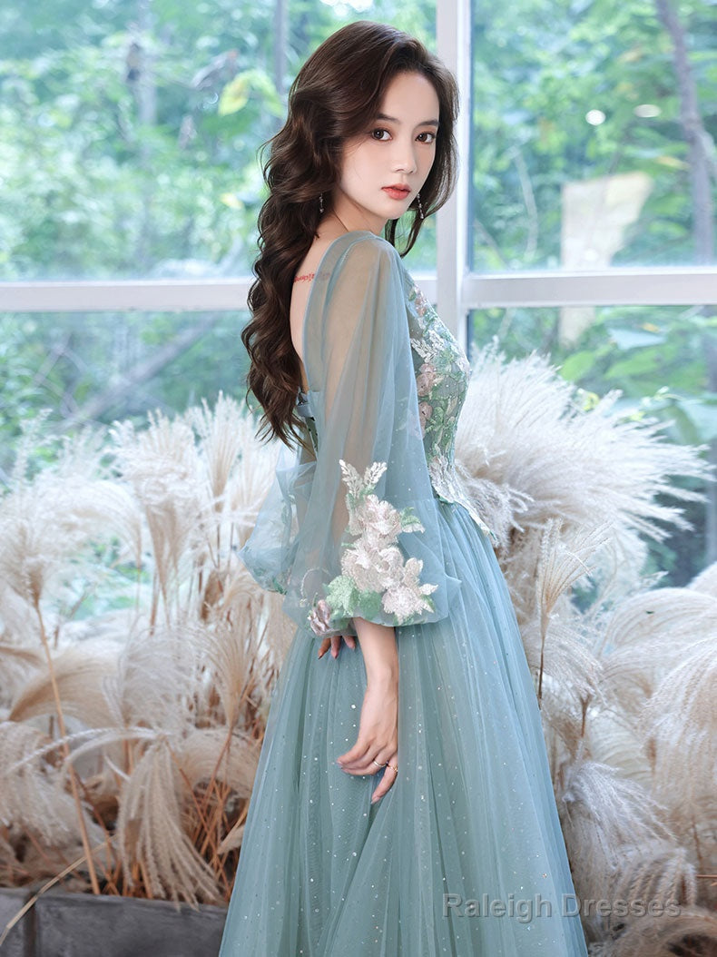 Green Round Neck Tulle Lace Long Prom Dresses Green Prom Dresses