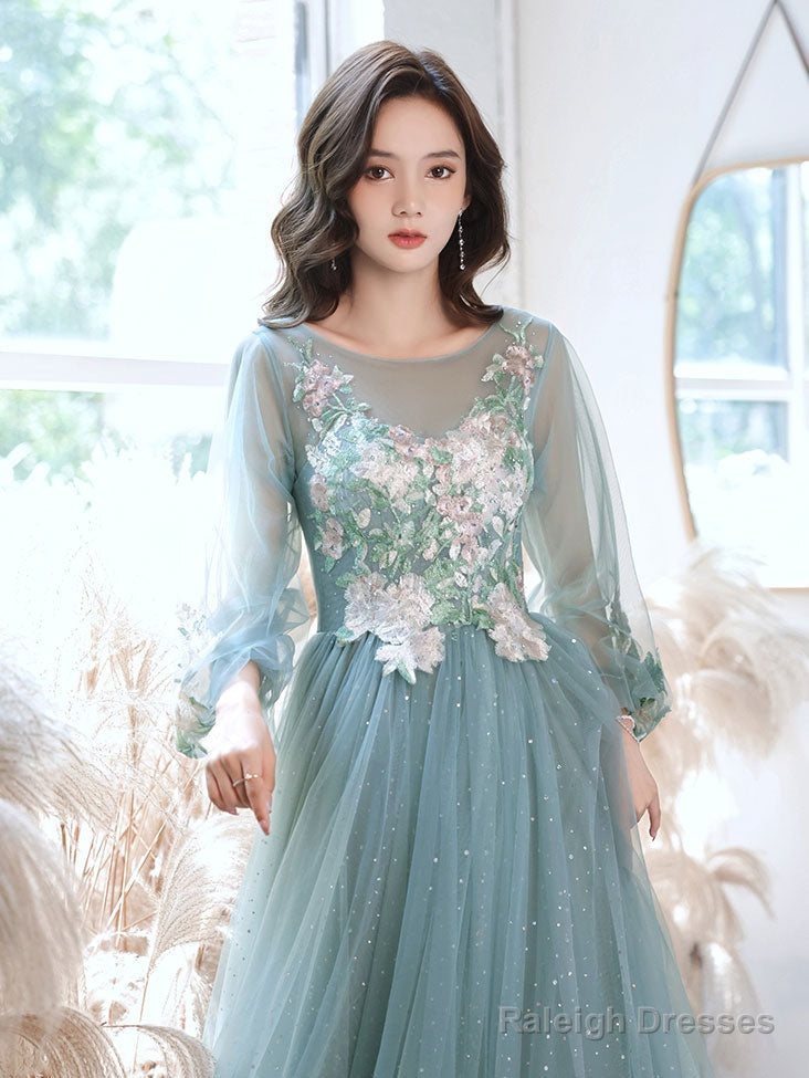 Green Round Neck Tulle Lace Long Prom Dress, Green Evening Dress