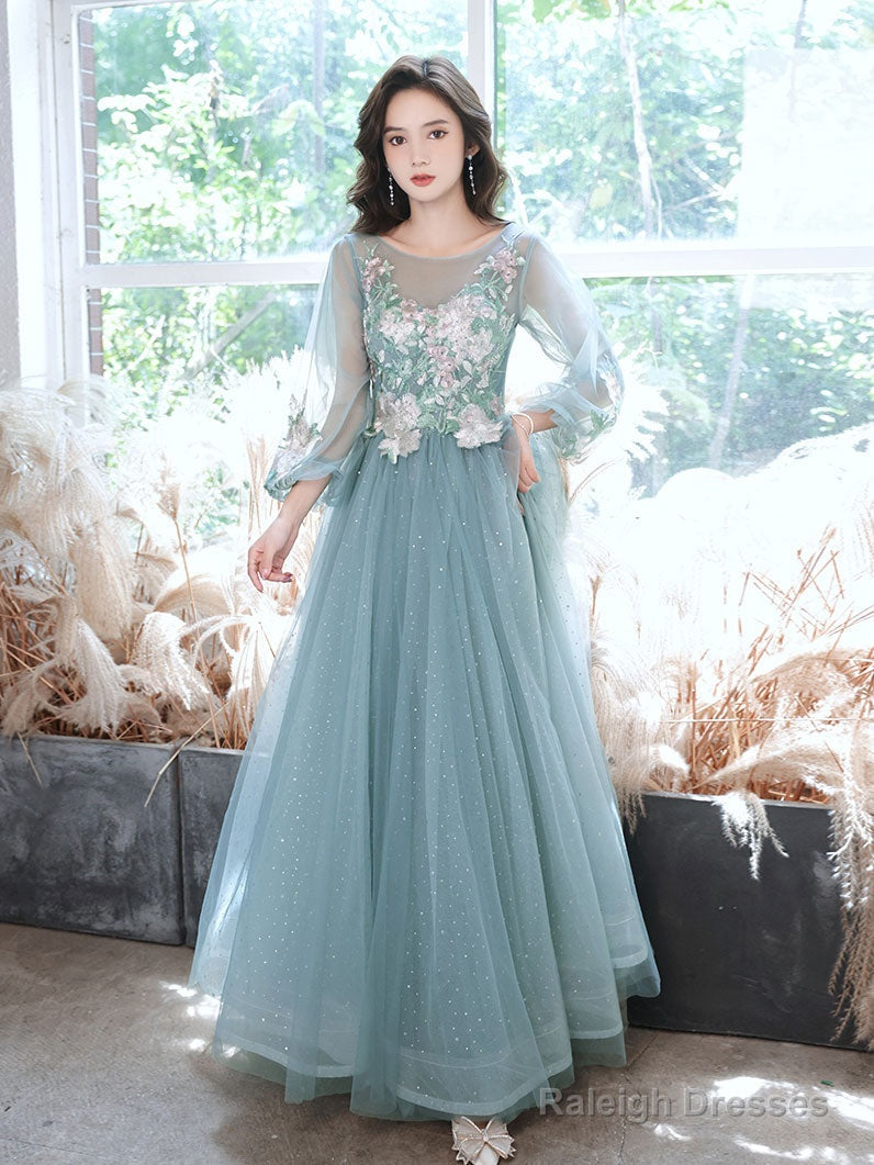 Green Round Neck Tulle Lace Long Prom Dresses Green Prom Dresses Main image