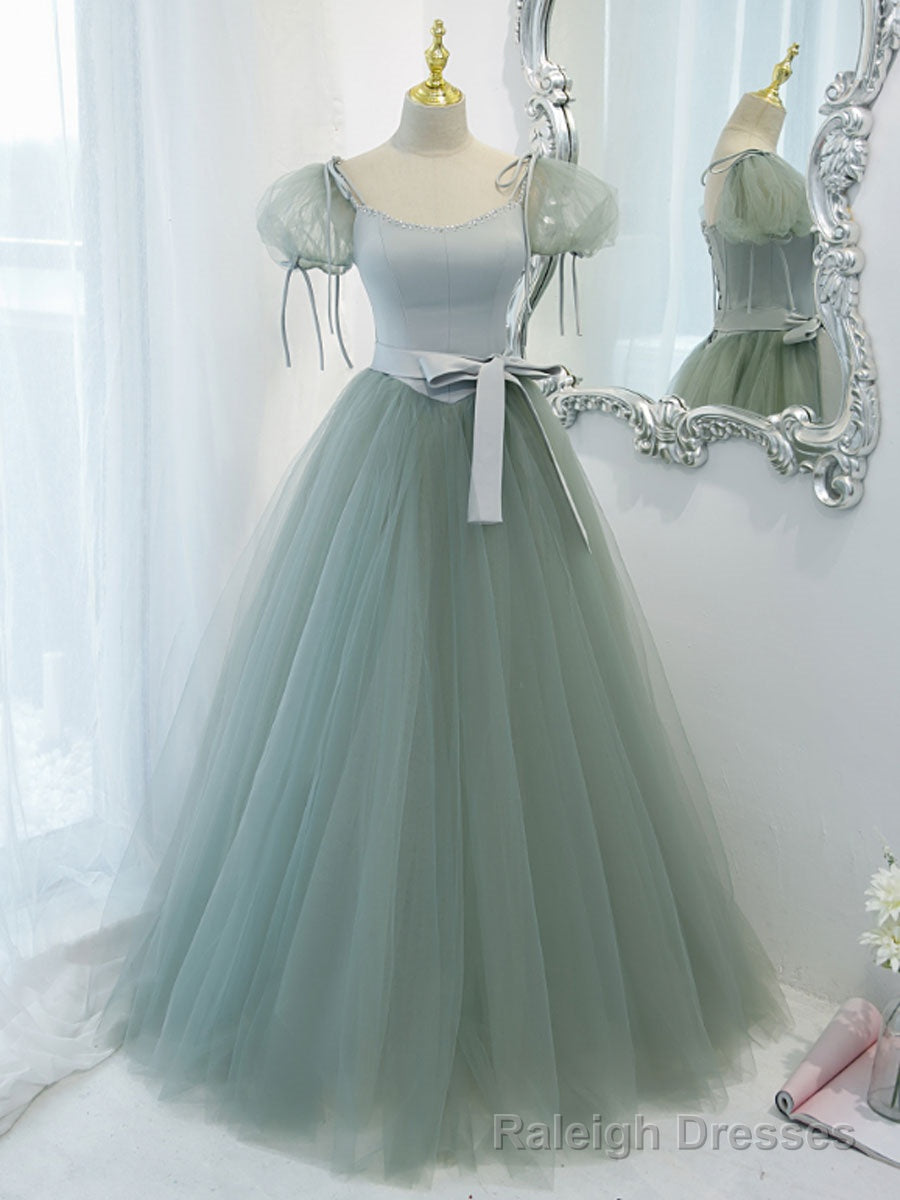 Green Round Neck Tulle Long Prom Dress, Green Evening Dress Main image