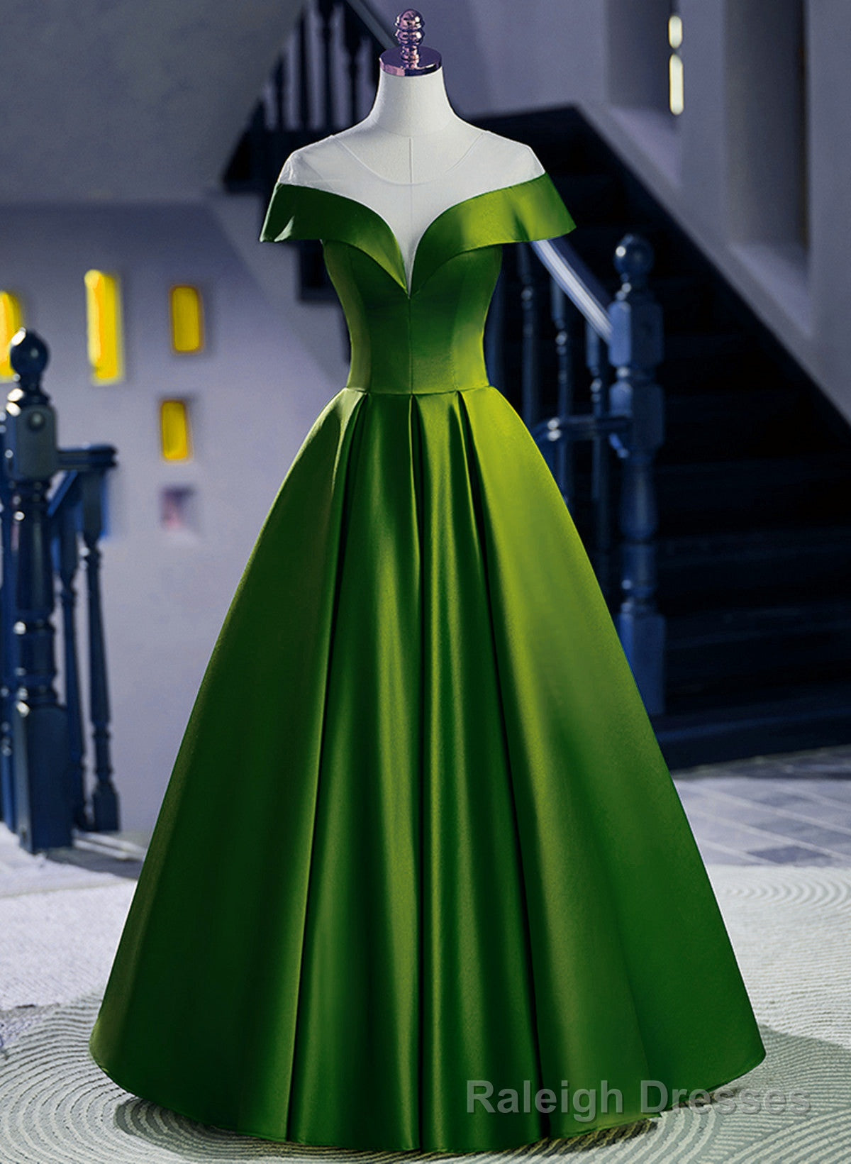Green Round Neckline A-line Simple Party Dress, Green Satin Prom Dress Main image