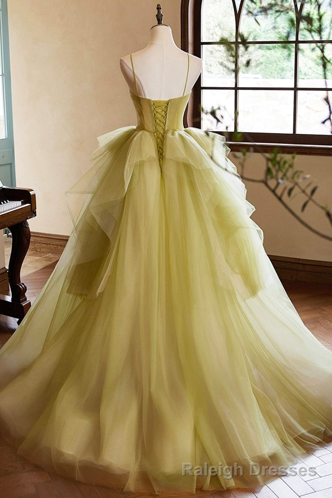 Green Ruffle Long A-Line Prom Dresses, Spaghetti Straps Backless Evening Dresses Secondary image