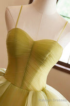 Green Ruffle Long A-Line Prom Dresses, Spaghetti Straps Backless Evening Dresses
