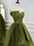 Green Ruffle Tiered Prom Dresses Strapless, Green Long Prom Dress